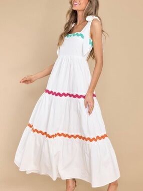 PALMS AWAY White Tiered Maxi Dress w Colorful Ric-Rac & Bow Straps